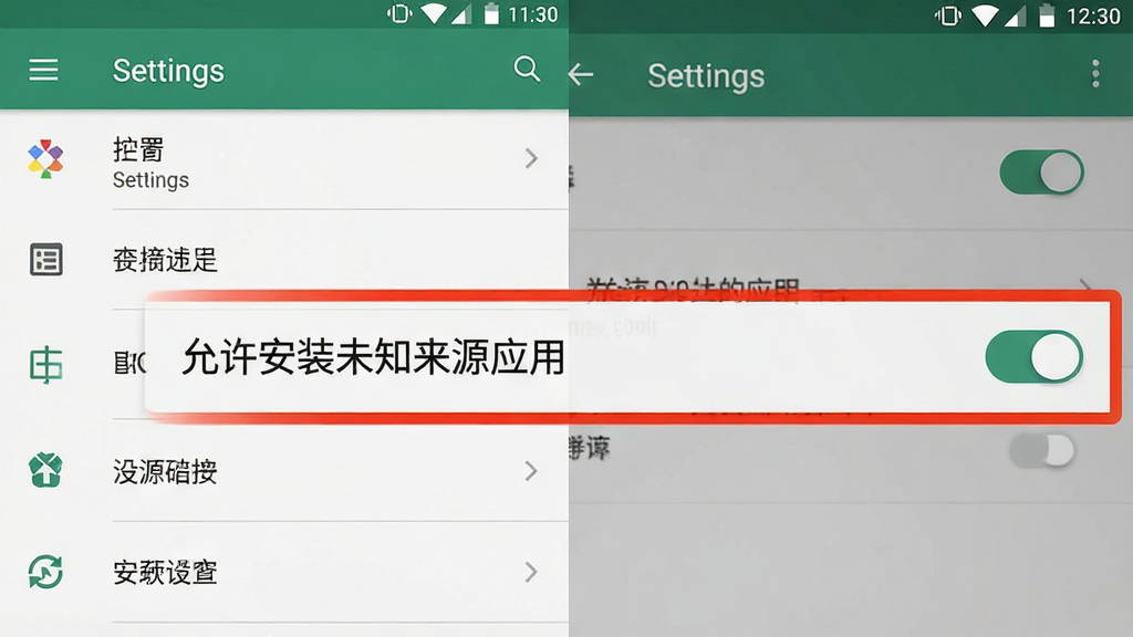 一张手机游戏安装设置界面示意图,画面展示安卓手机的安全设置页面,高亮标注“允许安装未知来源应用”选项,布局为手机屏幕竖版构图,排版包含设置菜单列表与开关按钮,风格为扁平化UI风格,细节包括图标、文字标识、开关状态,画质高清,干净,无多余元素