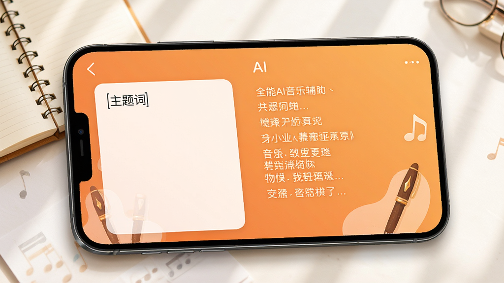 手机屏幕展示全能AI音乐的歌词辅助界面,画面中左侧是输入框写着主题词,右侧是AI生成的歌词段落,屏幕背景是温暖的橙色渐变,有笔记本和钢笔的插画元素,风格文艺清新,细节清晰,画质干净,无多余元素