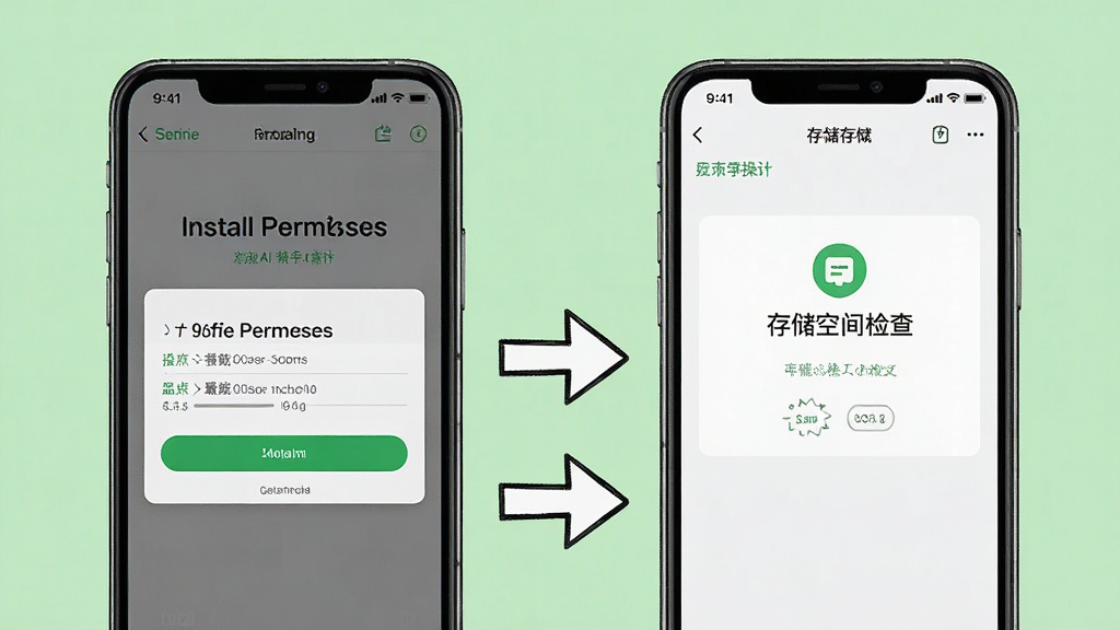 一张展示全能AI音乐新手操作步骤的图片,画面中手机屏幕显示安装权限设置界面和存储空间检查界面,屏幕旁边有箭头指引,背景是浅绿色,风格清晰易懂,细节明确,画质干净,无多余元素
