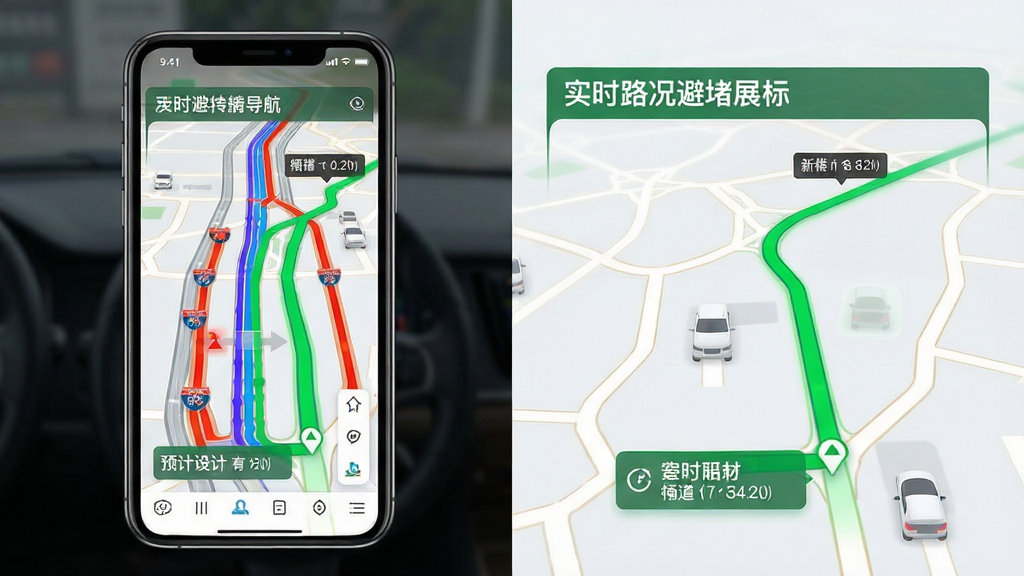及时精准导航实时路况避堵功能展示,主体为手机屏幕显示多条彩色路况线条与避堵推荐路线,布局采用分屏对比形式,排版突出绿色畅通路线,风格为写实科技风,细节包含拥堵红色路段与预计通行时间,画质清晰,干净,无多余元素