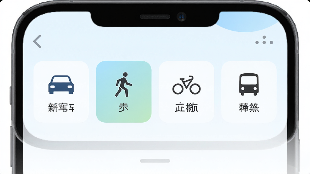 及时精准导航多模式出行选择界面,主体为手机屏幕显示驾车、步行、骑行、公交四个图标按钮,布局为横向排列,排版简洁明了,风格为清新浅色UI设计,细节包含每种模式的小图标与文字标签,画质高清,干净,无多余元素