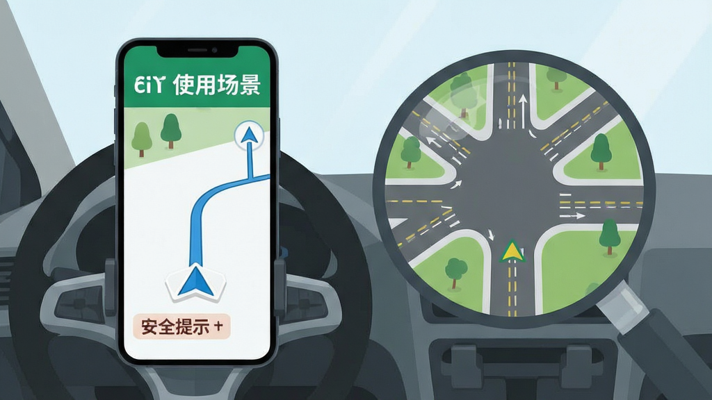 及时精准导航新手使用场景示意图,主体为手机屏幕显示导航箭头与复杂路口放大图,布局为第一人称驾驶视角,排版突出安全提示文字,风格为扁平化插画,细节包含方向盘与手机支架,画质高清,干净,无多余元素