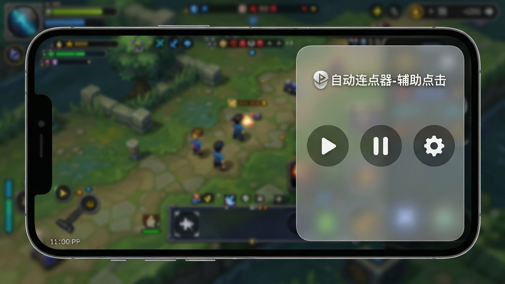 画面主体是一个手机屏幕,屏幕右侧悬浮着一个半透明的控制面板,面板上有播放、暂停、设置图标。布局采用侧边栏形式,面板边缘有吸附效果。排版上,背景是模糊的游戏画面,突出悬浮窗。风格为现代UI设计,细节包括面板的毛玻璃质感和“自动连点器-辅助点击”的Logo水印。画质清晰,1080P,干净无多余元素。