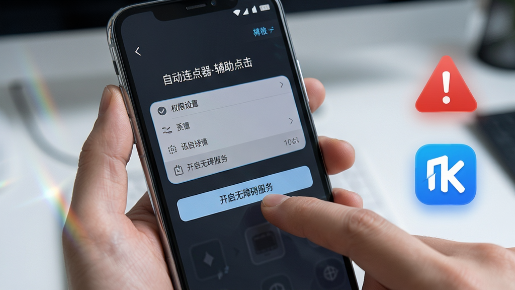 画面主体是一只手拿着手机,手机屏幕上显示着“自动连点器-辅助点击”的权限设置页面,手指正准备点击“开启无障碍服务”按钮。布局采用第一人称视角,突出操作动作。排版上,画面右侧有红色警示图标和蓝色优化图标漂浮。风格为写实科技风,细节包括手机边缘的反光和屏幕上的设置选项文字。画质清晰,4K,干净无多余元素。