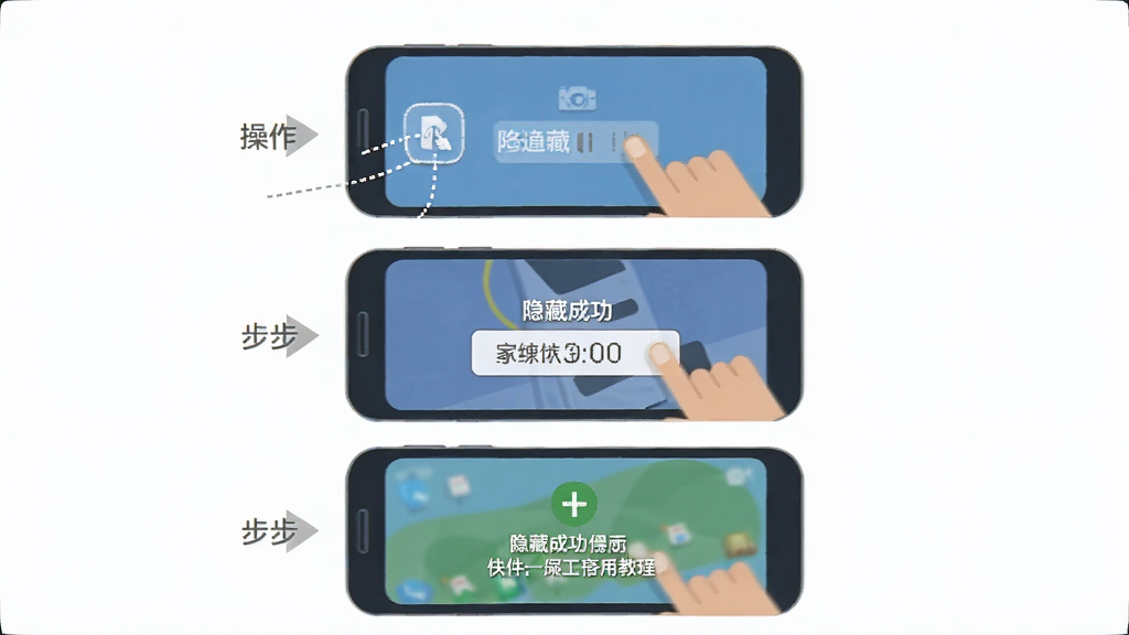 软件隐藏大师使用教程示意图,画面主体为手机屏幕展示操作步骤,布局为分步图解,排版为从上到下三个步骤,风格为扁平化教程插画,细节包括手指点击图标、密码输入框、隐藏成功提示,画质清晰,干净,无多余元素