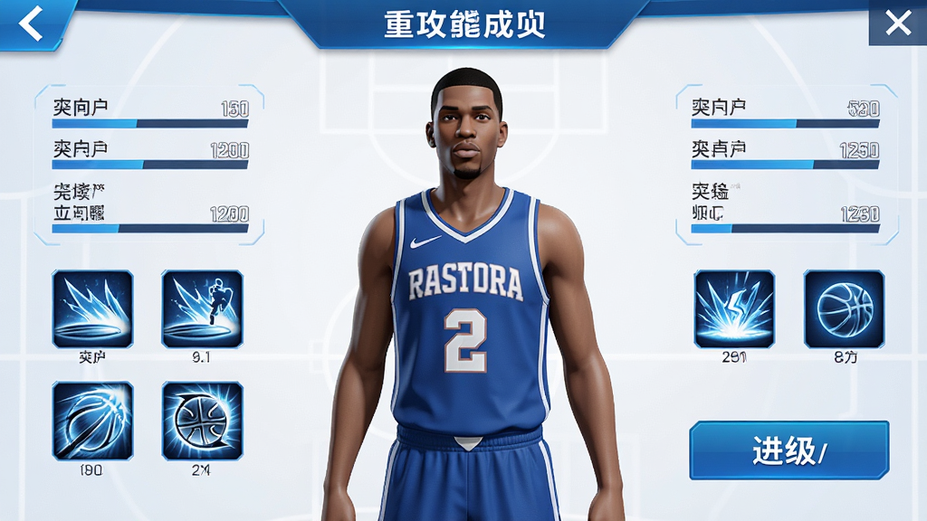 一张球员养成界面截图,画面中展示一名篮球运动员的3D模型,周围环绕属性数值、技能图标与进阶按钮,界面风格为科技感体育风,配色以蓝白为主,画质高清,布局清晰,无多余元素