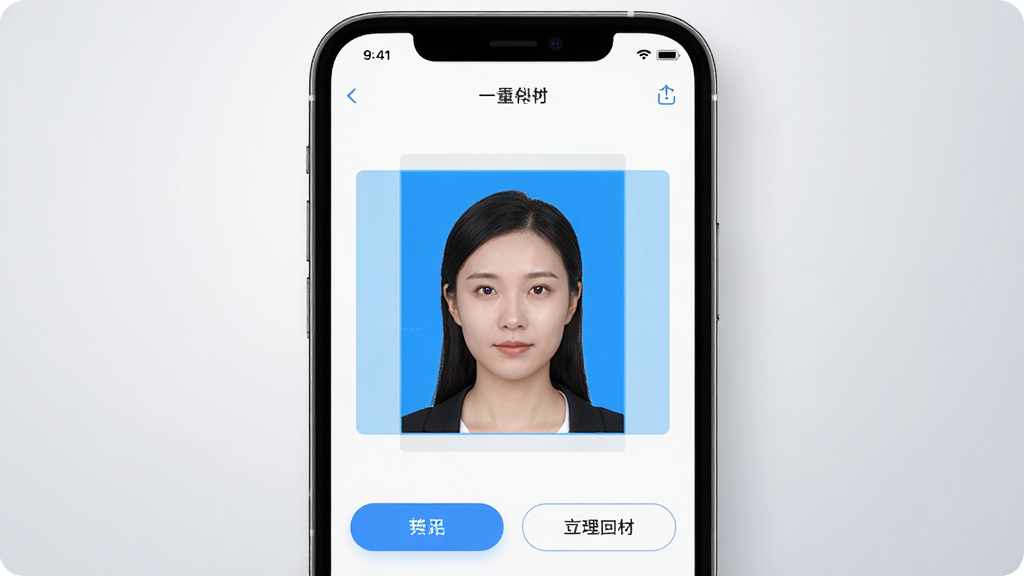 最美高清证件照软件主界面展示,画面中央是一部智能手机,屏幕显示证件照制作页面,包含蓝底一寸照预览图和功能按钮,背景为简洁的浅灰色渐变,风格现代简约,细节清晰,画质高清,干净无多余元素