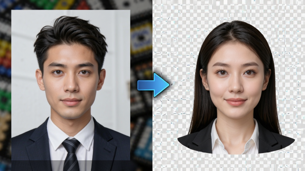 最美高清证件照AI抠图功能演示,画面左侧为原图带杂背景的人物照,右侧为抠图后干净透明背景的人物照,中间用箭头连接表示处理过程,风格科技感,细节清晰,画质高清,干净无多余元素