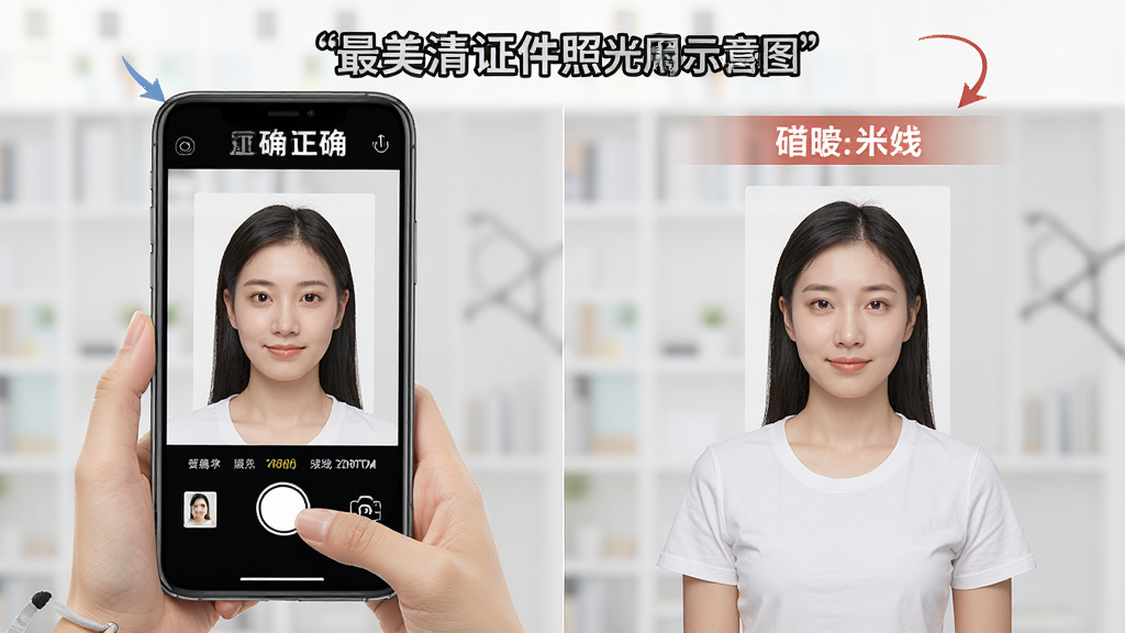 最美高清证件照使用教程示意图,画面展示手机拍摄证件照的正确姿势和光线要求,包含正确与错误示例对比,风格教学图解,细节清晰,画质高清,干净无多余元素