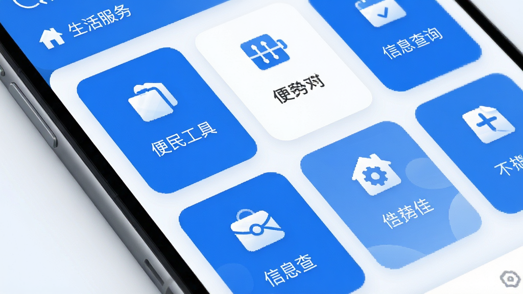 梦享佳应用首页卡片式布局特写,主体为手机屏幕中多个功能卡片整齐排列,包含生活服务、便民工具、信息查询等模块图标,布局清晰,排版规整,风格简约现代,蓝白主色调,细节精致,画质干净,无多余元素,高清UI展示图