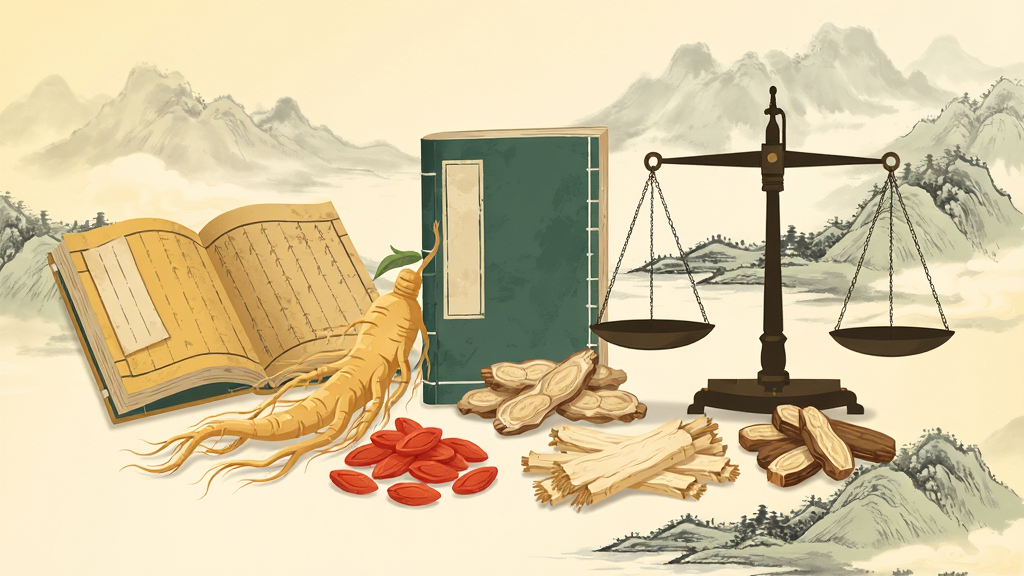 一张展示中药材和中医文化的精美插画,画面中央摆放着人参、枸杞、当归等常见中药材,旁边有一本翻开的古籍和一把药秤,背景是淡雅的水墨山水风格,色调以暖黄和墨绿为主,整体布局疏朗有致,风格为中国传统国画与现代扁平化设计相结合,细节包括药材的纹理和古籍的装帧,画质清晰干净,画面中不出现任何文字元素,无多余装饰,主体突出,排版居中,适合作为手机应用商店的展示图