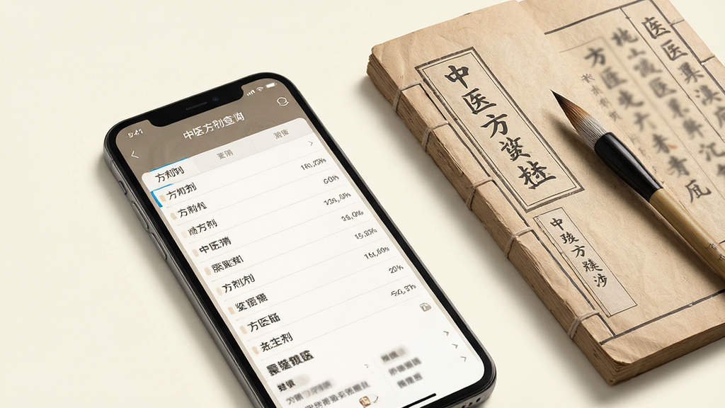 一张展示中医方剂查询界面的场景图,画面中手机屏幕显示着方剂列表和详情页面,屏幕旁边放置着一本传统中医方剂书籍和一支毛笔,背景为淡雅的米白色,风格为古典与现代融合的展示风格,细节包括书页的纹理和屏幕内图标的清晰度,画质高清干净,画面中不出现具体文字内容,无多余装饰,整体排版简洁大方,适合用于软件功能展示