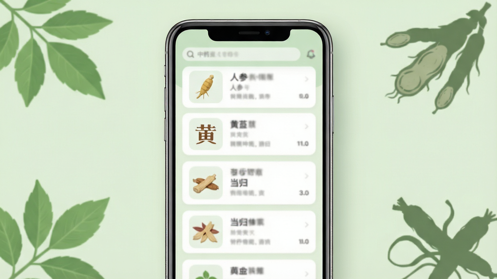 一张展示手机屏幕中呈现中药材搜索界面的场景图,手机屏幕内显示着人参、黄芪、当归等药材的列表和详情卡片,画面采用柔和的浅绿色调,布局为手机居中放置,周围点缀着几片绿叶和药材剪影,风格为现代简约的UI展示风格,细节包括手机边框的质感和屏幕内图标的精细度,画质高清干净,画面中文字内容以模糊占位处理,无多余元素,整体排版清爽,适合用于软件功能介绍配图
