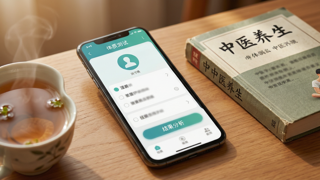 一张展示中医体质测试界面的手机应用场景图,画面中手机屏幕显示着体质测试的问答界面和结果分析页面,手机放置在一张木质桌面上,旁边有一杯热茶和一本中医养生书籍,背景为温馨的暖色调,风格为现代生活化场景展示,细节包括手机屏幕内图标的清晰度和书籍封面的质感,画质高清干净,画面中文字内容以模糊占位处理,无多余元素,整体排版舒适自然,适合用于软件功能展示
