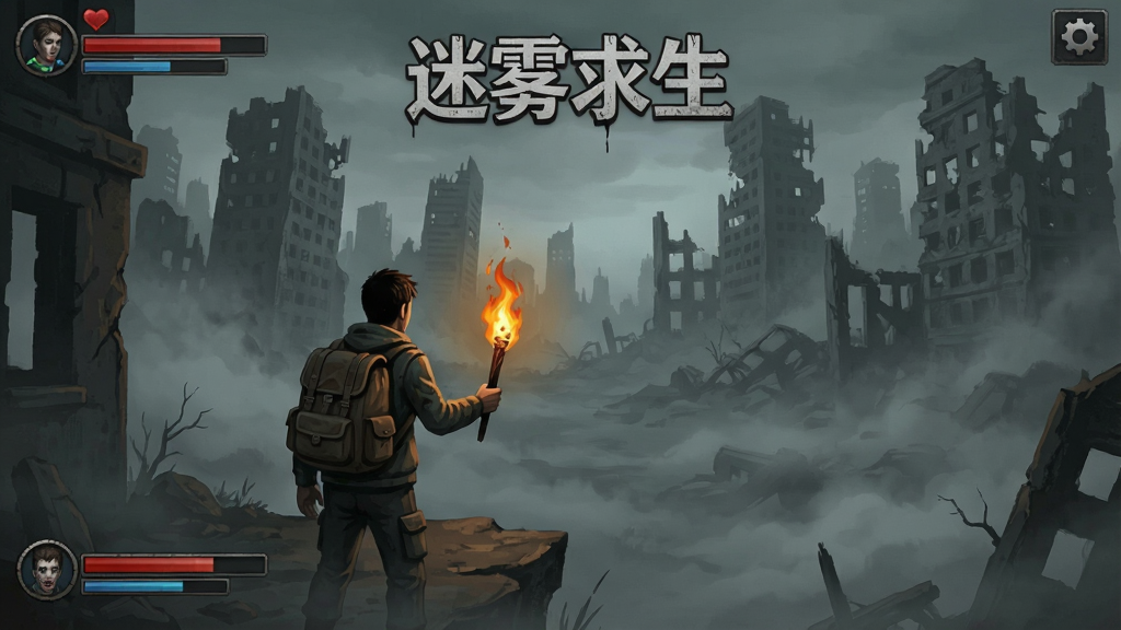 一幅以“迷雾求生”为主题的手机游戏界面截图风格插画,画面展示一名角色手持火把站在浓雾边缘,前方是若隐若现的废弃城市废墟,角色背包和生命值条显示在画面边缘,整体风格为暗黑生存游戏UI风格,布局清晰,细节丰富,画质干净,无多余元素,画面中可带“迷雾求生”文字标识
