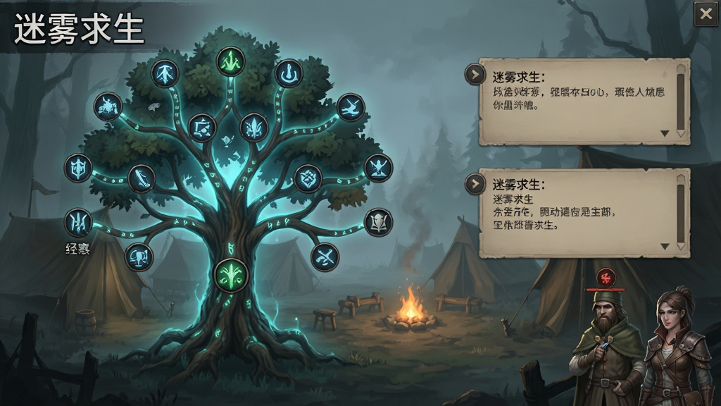 一幅生存游戏天赋树与剧情选择界面插画,画面展示一棵发光的天赋树,分支上标注着不同图标,旁边是剧情对话框和NPC角色,背景是迷雾笼罩的营地,风格为暗黑奇幻游戏UI概念图,布局清晰,细节丰富,画质干净,无多余元素,画面中可带“迷雾求生”文字标识