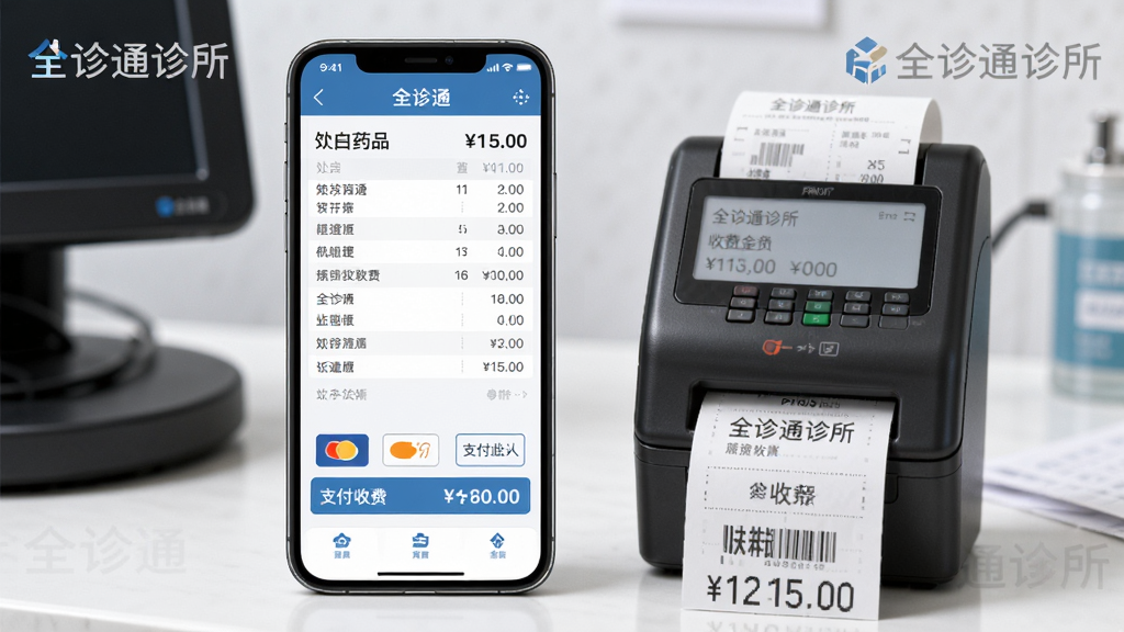 ȫ��ͨ�����������շѽ��棬��������Ϊһ���ֻ���һ̨����СƱ��ӡ�����Űڷţ��ֻ���Ļ��ʾ�����嵥���շѽ�����Ϊˮƽ���й�ͼ���Ű�ͻ������ҩƷ�б���ϼƽ����Ϊ�ִ������칫дʵ��ϸ�ڰ�����ȫ��ͨ������ˮӡ��֧����ʽͼ�ꡢ��ӡСƱ�����ʸ��壬�ɾ����޶���Ԫ��