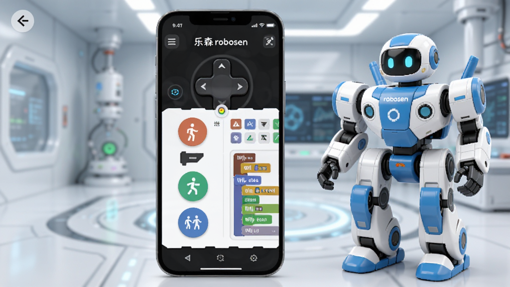 一张展示乐森robosen AI应用界面的手机渲染图,画面中央是一部智能手机,屏幕上显示着色彩鲜艳的机器人控制界面,包含方向摇杆、动作按钮和编程模块,手机旁边站立着一台白色与蓝色相间的乐森变形机器人,背景是充满科技感的未来实验室环境,整体风格简洁明亮,细节清晰,画质高清,干净无多余元素