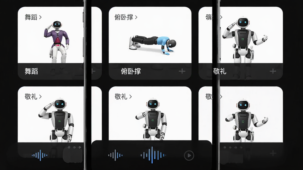 一张展示乐森robosen AI应用内动作库界面的图片,画面中手机屏幕上排列着多个动作卡片,分别标注着“舞蹈”、“俯卧撑”、“敬礼”等字样,每张卡片配有机器人缩略图,屏幕下方有音效波形图标,背景为深色模式,风格现代,细节丰富,画质高清,干净无多余元素