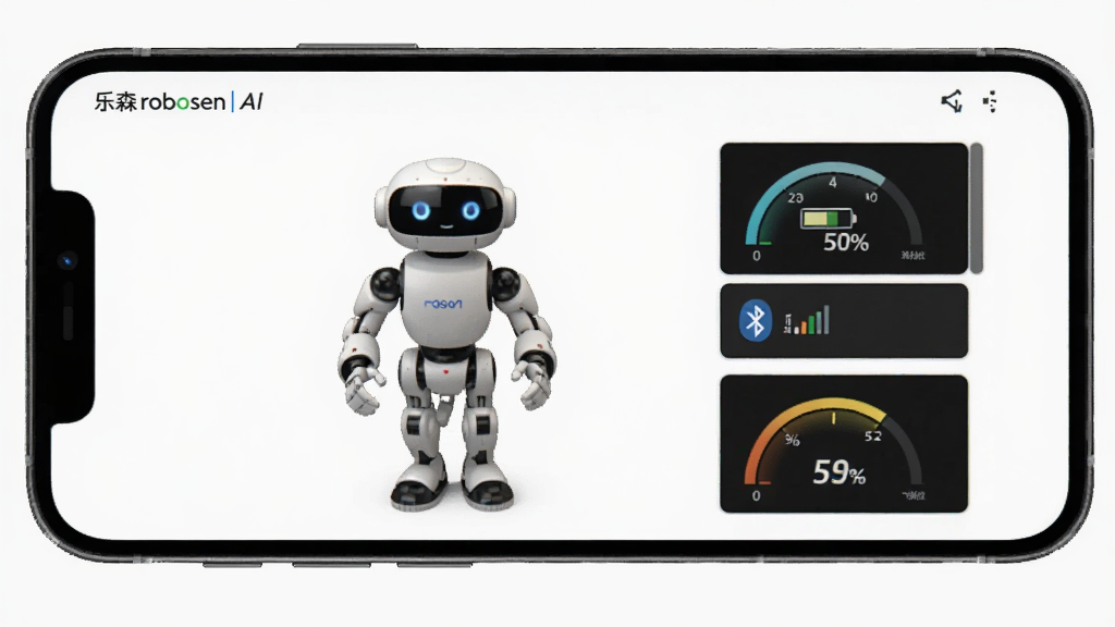 一张展示乐森robosen AI应用内机器人状态监控界面的图片,画面中手机屏幕上显示着机器人图形化模型,旁边有电池电量百分比、蓝牙信号强度、关节温度数值等仪表盘信息,背景为简洁的白色,风格商务科技,细节清晰,画质干净,无多余元素