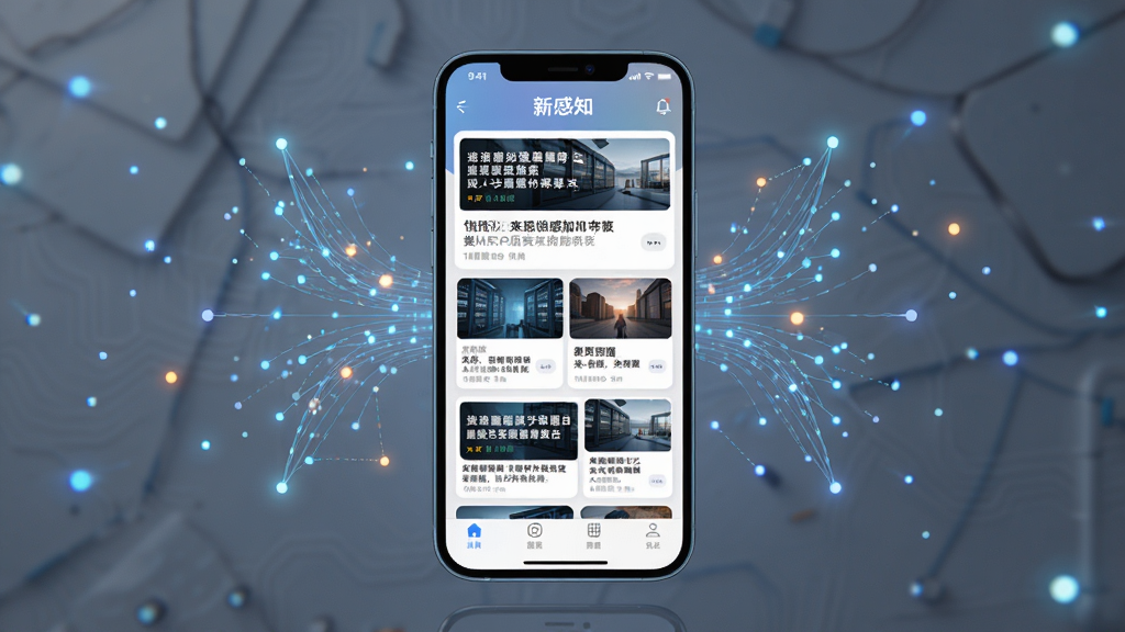 画面主体为一部手机屏幕展示新感知APP的资讯聚合页面,页面中排列着不同类别的新闻卡片,卡片上有清晰的标题和缩略图,手机周围漂浮着代表数据聚合的光点与线条,布局居中对称,风格简洁科技,细节精致,画质清晰,背景干净,无多余元素,图片中文字标注