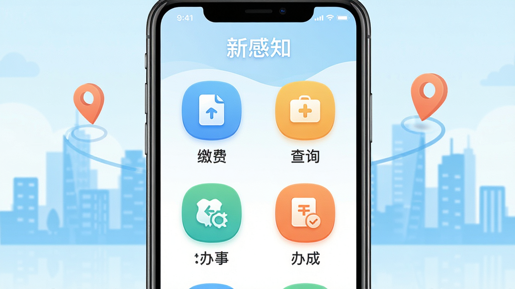 展示新感知APP中本地生活服务功能的界面截图,手机屏幕内呈现服务图标网格,包括缴费、查询、办事等入口,背景为城市剪影与定位符号,画面构图居中,风格清新明快,细节清晰,画质优良,干净无杂物,图片中文字标注