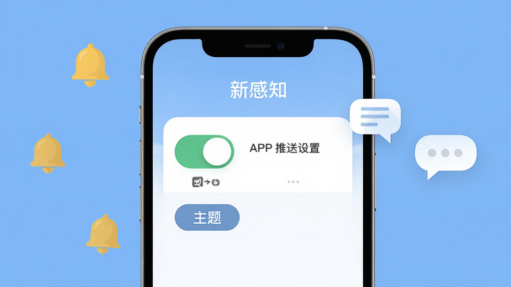 描述新感知APP的订阅推送设置界面,手机屏幕显示开关按钮与主题标签,周围环绕铃铛图标与消息气泡,布局简洁清晰,风格扁平化设计,细节干净,画质高清,背景为柔和纯色,无多余装饰,图片中文字标注