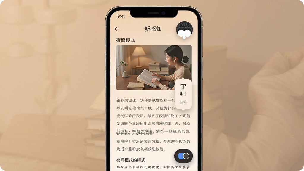 呈现新感知APP的文章阅读界面,手机屏幕显示排版整齐的图文内容,有字体调节浮窗和夜间模式切换按钮,背景为舒适的阅读色调,构图居中,风格简约人性化,细节清晰,画质优秀,干净整洁,无干扰元素,图片中文字标注