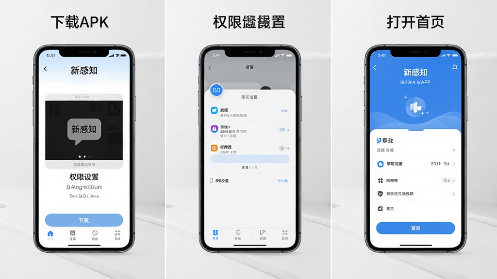 展示新感知APP在手机上的安装步骤示意图,画面分为三个部分,分别呈现下载APK、权限设置和打开首页的场景,布局从左至右排列,风格写实清晰,细节干净,画质高清,背景简洁,无多余元素,图片中文字标注