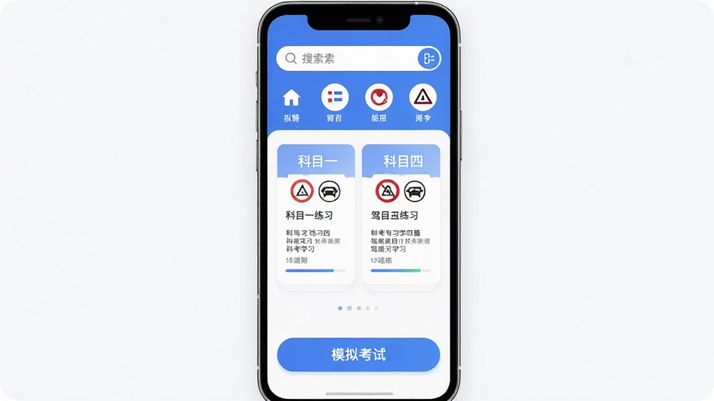 驾考必过秘籍手机应用界面展示,主体为一款驾考学习软件首页,布局为顶部搜索栏与功能入口图标,中部为科目一科目四练习卡片,底部为模拟考试按钮,排版清晰整齐,风格为现代简约扁平化设计,细节包含交通标志图标与进度条,画质高清干净无多余元素