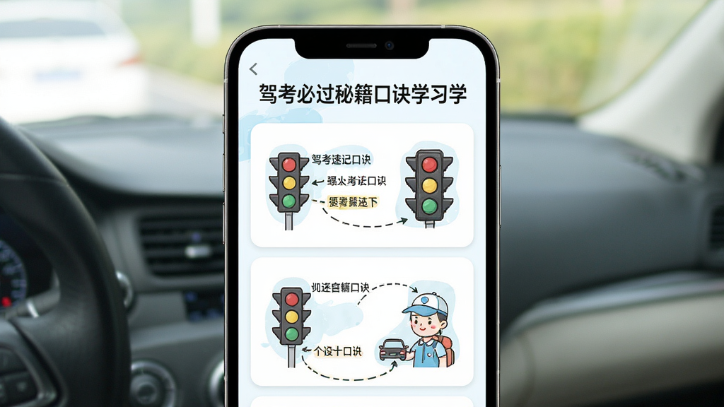 驾考必过秘籍技巧口诀学习页面,主体为手机屏幕显示驾考速记口诀卡片,布局为标题加口诀内容加配图,排版竖向列表式,风格为清新学习风,细节包含交通信号灯与文字标注,画质高清干净无多余元素