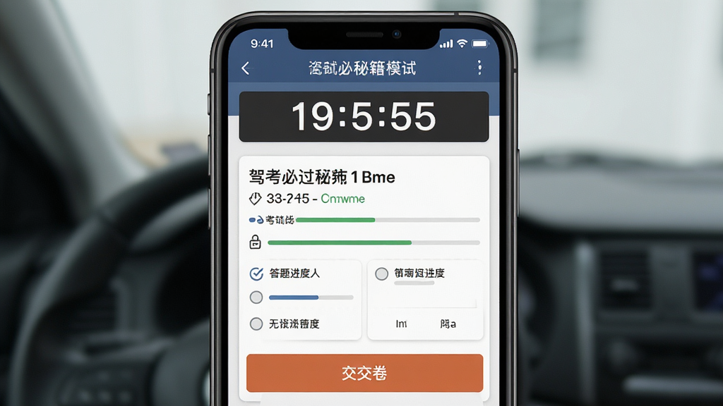 驾考必过秘籍模拟考试界面,主体为手机屏幕显示考试计时与答题卡,布局为顶部倒计时中部题目底部选项,排版为标准化考试界面,风格为严肃考试风,细节包含答题进度与交卷按钮,画质高清干净无多余元素