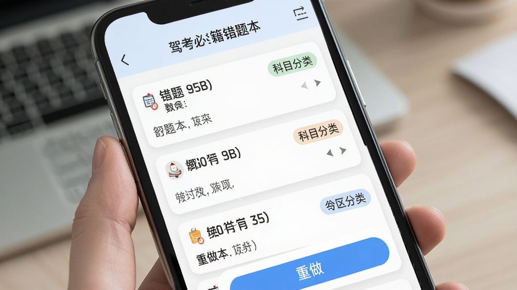 驾考必过秘籍错题本页面,主体为手机屏幕显示错题列表与重做按钮,布局为列表式排列,排版简洁明了,风格为学习工具风,细节包含错题数量与科目分类标签,画质高清干净无多余元素