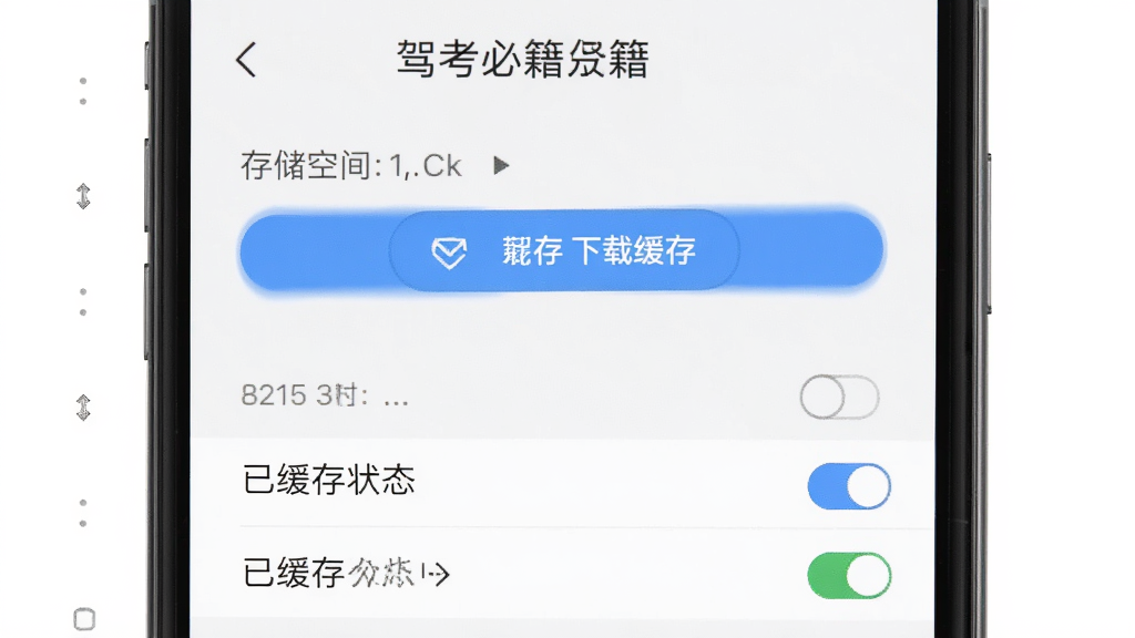 驾考必过秘籍离线模式设置页面,主体为手机屏幕显示下载缓存按钮与已缓存状态,布局为设置项列表,排版清晰,风格为简洁实用风,细节包含存储空间提示与开关按钮,画质高清干净无多余元素
