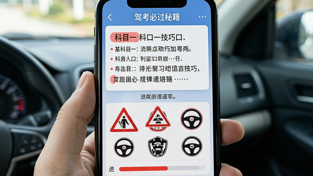驾考必过秘籍学习场景展示,主体为手机屏幕显示科目一技巧口诀与交通标志,布局为上下结构上部口诀文字下部标志图示,排版清晰易读,风格为教育学习风,细节包含红色重点标注与进度提示,画质高清干净无多余元素