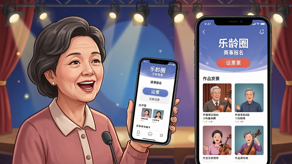 一幅展示中老年人在线参与文艺赛事的插画。画面主体为一位中老年女性在手机前唱歌,手机屏幕上显示“乐龄圈”赛事报名页面,旁边有投票按钮和作品展示区。背景为舞台灯光效果,布局采用左右分栏构图,左侧为人物,右侧为手机界面。风格为写实卡通,细节包括人物表情、手机界面元素和舞台背景,画质清晰,干净,无多余元素。
