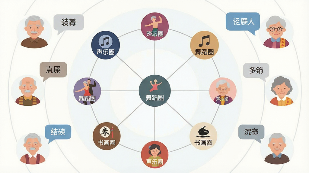 一幅展示中老年兴趣圈子社交的插画。画面中央是一个圆形社交网络图,每个节点代表一个兴趣圈子,如“声乐圈”“舞蹈圈”“书画圈”等,节点之间用线条连接。周围有中老年用户头像和互动气泡。布局采用圆形放射式构图,风格为扁平化矢量插画,细节包括圈子图标、用户头像和连接线,画质清晰,干净,无多余元素。