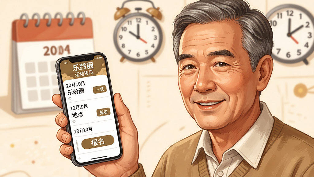 一幅展示中老年用户查看活动资讯的插画。画面主体为一位中老年男性拿着手机,手机屏幕上显示“乐龄圈”活动资讯列表,包含日期、地点和报名按钮。背景为日历和时钟元素。布局采用左右构图,风格为温暖写实插画,细节包括人物表情、手机界面和背景元素,画质清晰,干净,无多余元素。