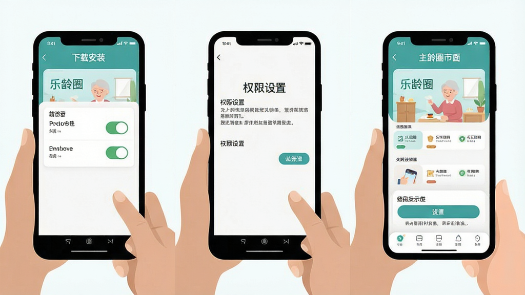 一幅展示中老年用户使用手机安装和操作“乐龄圈”应用的步骤示意图。画面分为三个部分:左侧为下载安装界面,中间为权限设置界面,右侧为应用主界面。布局采用横向三栏构图,风格为简洁扁平插画,细节包括手机图标、权限开关按钮和应用界面元素,画质清晰,干净,无多余元素。