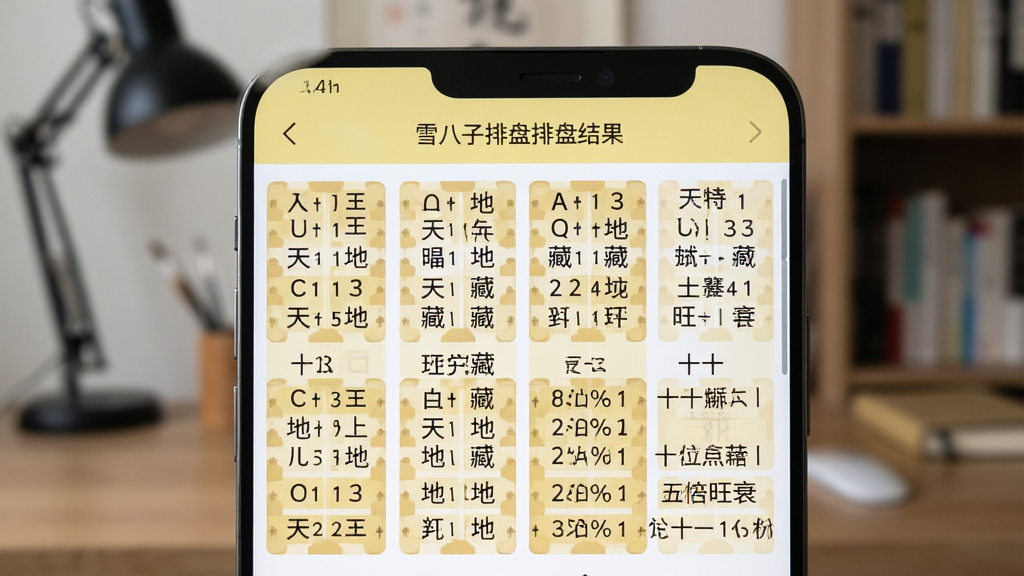 一张展示在雪八字排盘排盘结果页面的特写图,画面主体是手机屏幕,屏幕上清晰显示着四柱八字的天干地支、藏干、十神以及五行旺衰分析,界面配色以浅黄和白色为主,文字排版工整,背景是虚化的书房环境,风格专业严谨,画质清晰,干净无多余元素。