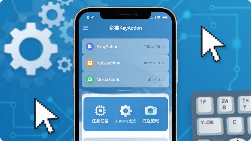 一张展示企袖KeyAction软件界面的概念图。画面中央是手机屏幕,屏幕内显示企袖KeyAction应用主界面,有任务列表和自动化流程图标。背景是简洁的科技蓝色调,周围环绕着齿轮、鼠标指针、键盘按键等办公自动化元素。风格为扁平化科技风,细节清晰,画质干净无多余元素。