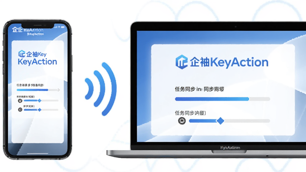 一张展示企袖KeyAction多设备同步的示意图。画面左侧是智能手机,右侧是笔记本电脑,中间用无线信号连接。两个设备屏幕上都显示企袖KeyAction的Logo和任务同步进度。风格为现代简约科技风,色调以蓝白为主,细节清晰,画质干净,无多余元素。
