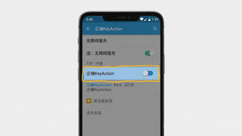 一张展示企袖KeyAction权限设置界面的示意图。画面中央是手机屏幕,屏幕内显示安卓系统的无障碍服务设置页面,企袖KeyAction选项被高亮标注。背景为浅灰色,风格简洁明了,细节包括开关按钮和提示文字,画质清晰,干净,无多余元素。