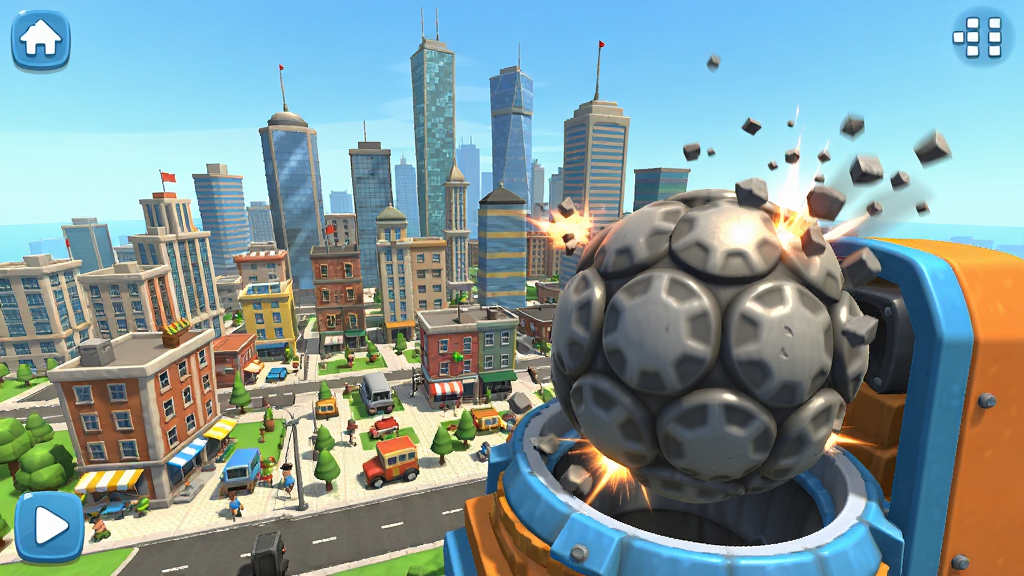 城市粉碎模拟器2游戏主界面截图,画面中央是一座繁华的3D都市,远处有摩天大楼,近景有一台巨大的粉碎球机,画面风格明亮卡通,带有物理破坏特效,画质清晰,干净无多余元素