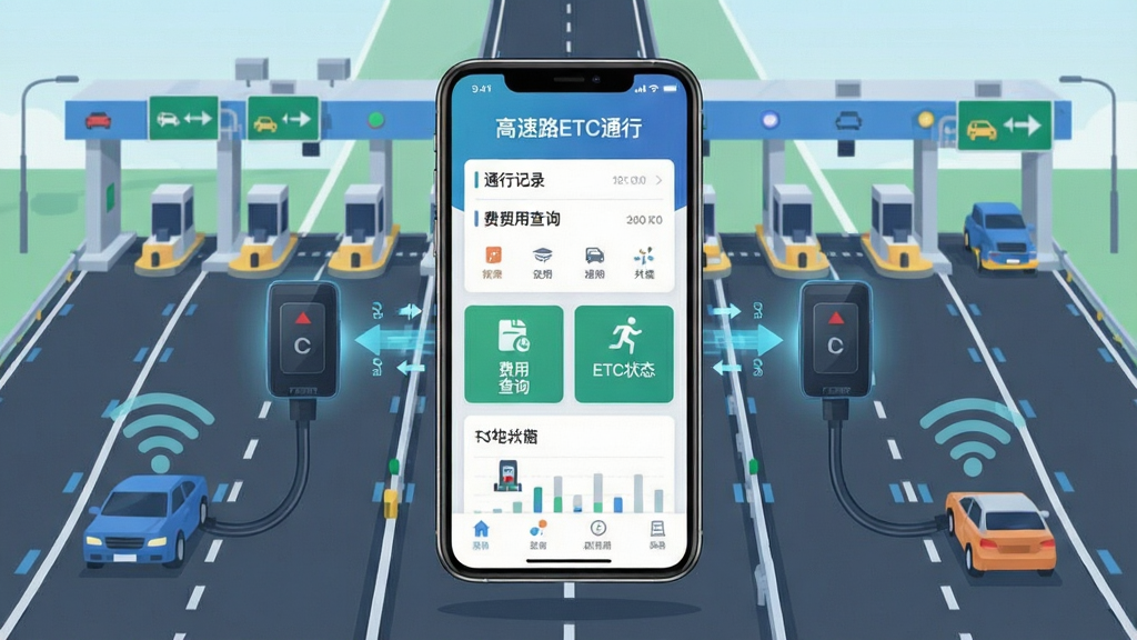 画面中央展示一部智能手机,手机屏幕上显示“高速路ETC通行”应用的主界面,界面中包含通行记录、费用查询、ETC状态等功能模块,手机周围环绕高速公路、收费站、汽车等元素,整体布局采用中心对称式排版,风格为现代科技感扁平插画风,细节上突出ETC设备与手机连接、数据同步的视觉符号,画质清晰锐利,画面干净整洁,无多余杂乱元素