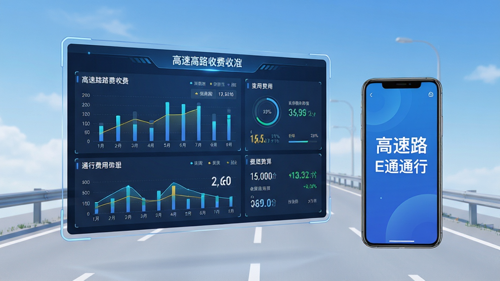 画面主体为一块悬浮的虚拟信息面板,面板上以图表和数字形式展示高速公路收费标准与通行费用明细,面板旁边放置一部手机,手机屏幕显示“高速路E通通行”字样,背景为简洁的高速公路与蓝天,布局采用左右分栏式排版,风格为清爽商务科技风,细节上突出数据可视化与费用估算的直观感,画质高清,画面干净,无多余元素