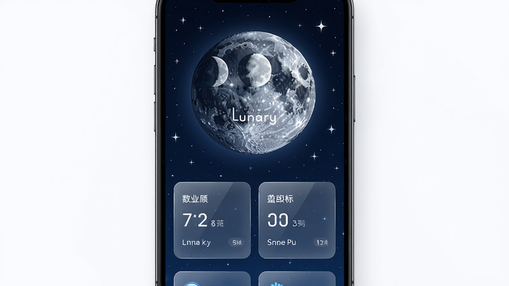 一款名为Lunary的手机应用界面展示,主体为深蓝色星空背景下的月亮图案,布局为手机屏幕居中展示,排版采用上下结构上方为月相图标下方为数据卡片,风格为现代简约科技感,细节包括月亮环形山纹理、星星点缀、半透明玻璃质感卡片、白色文字标注,画质高清干净无多余元素