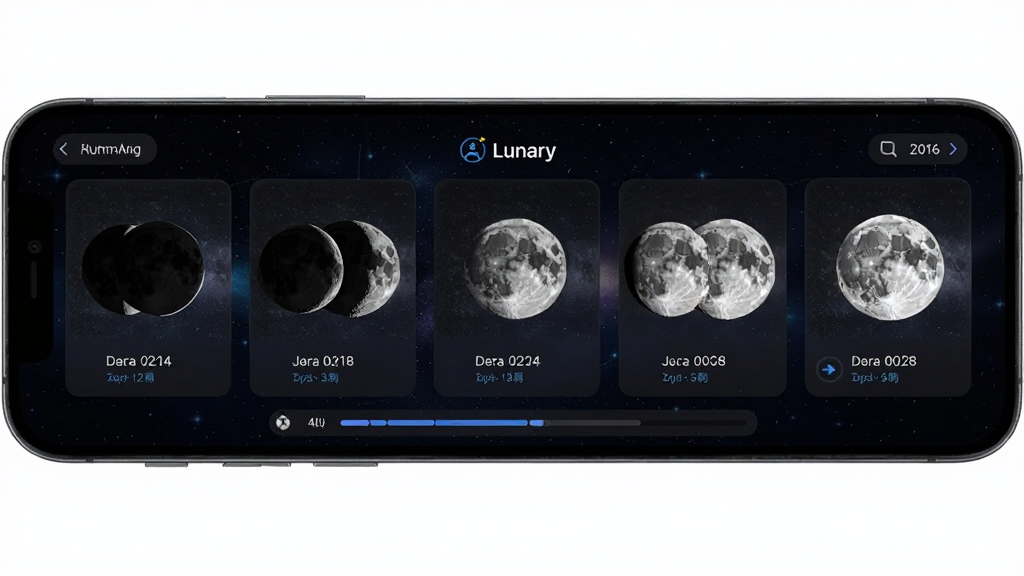 一款名为Lunary的软件界面展示实时月相追踪功能,主体为手机屏幕中显示月亮从新月到满月的动态变化过程,布局为横向排列的月相序列图,排版采用卡片式设计每张卡片展示不同月相,风格为深色天文主题,细节包括月亮纹理清晰、星空背景、日期标注、进度条指示,画质高清干净无多余元素