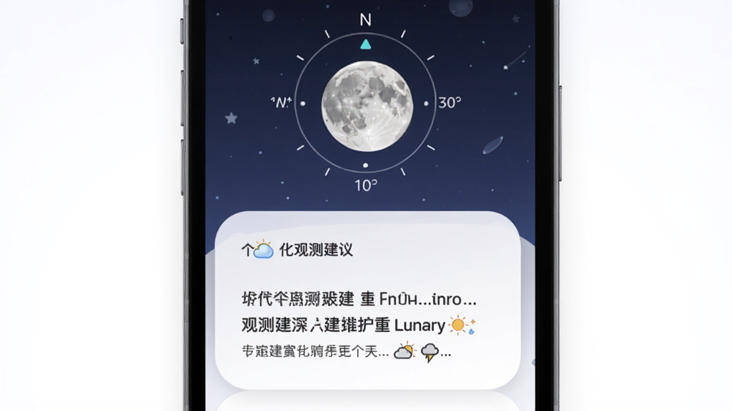 Lunary软件个性化观测建议界面展示,主体为手机屏幕中显示月亮位置示意图与文字建议卡片,布局为上方为方位罗盘下方为建议文字,排版采用图文结合的方式,风格为柔和圆角设计,细节包括月亮图标、方位角度标注、天气小图标、建议文字框,画质高清干净无多余元素