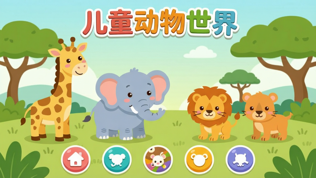 一张儿童动物世界软件的主界面预览图,画面中央是卡通风格的草原场景,长颈鹿、大象、小狮子等动物以圆润可爱的造型排列在画面中,顶部有“儿童动物世界”文字标题,底部是彩色圆形图标按钮,整体布局清晰,风格为扁平化儿童插画风,色彩明亮柔和,细节丰富,画质清晰,干净无多余元素